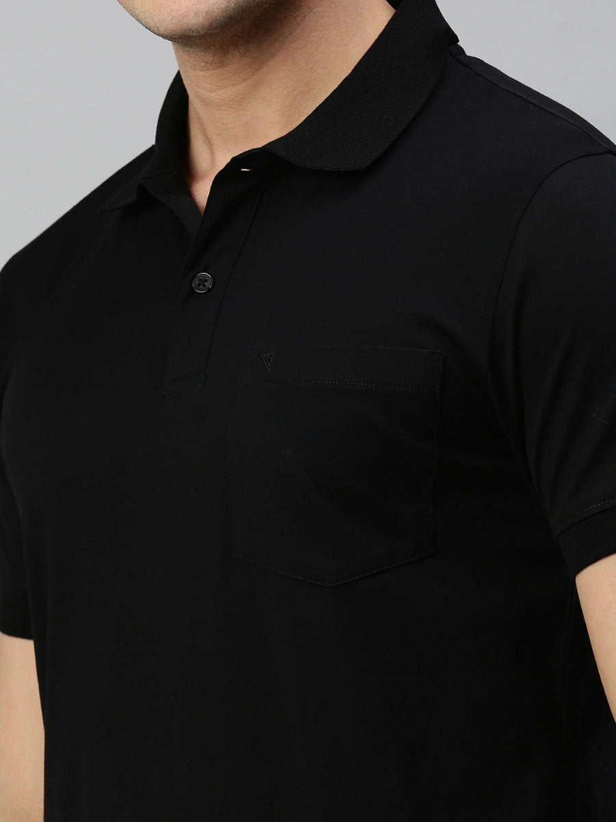 Mercerised Polo Flat Collar T-Shirt Black with Chest Pocket MP1-Zoom view