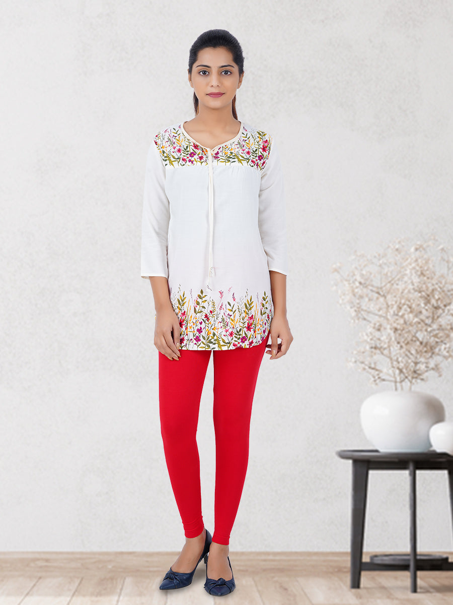 Ankle Fit Mixed Cotton with Spandex Stretchable Leggings Red-Full view