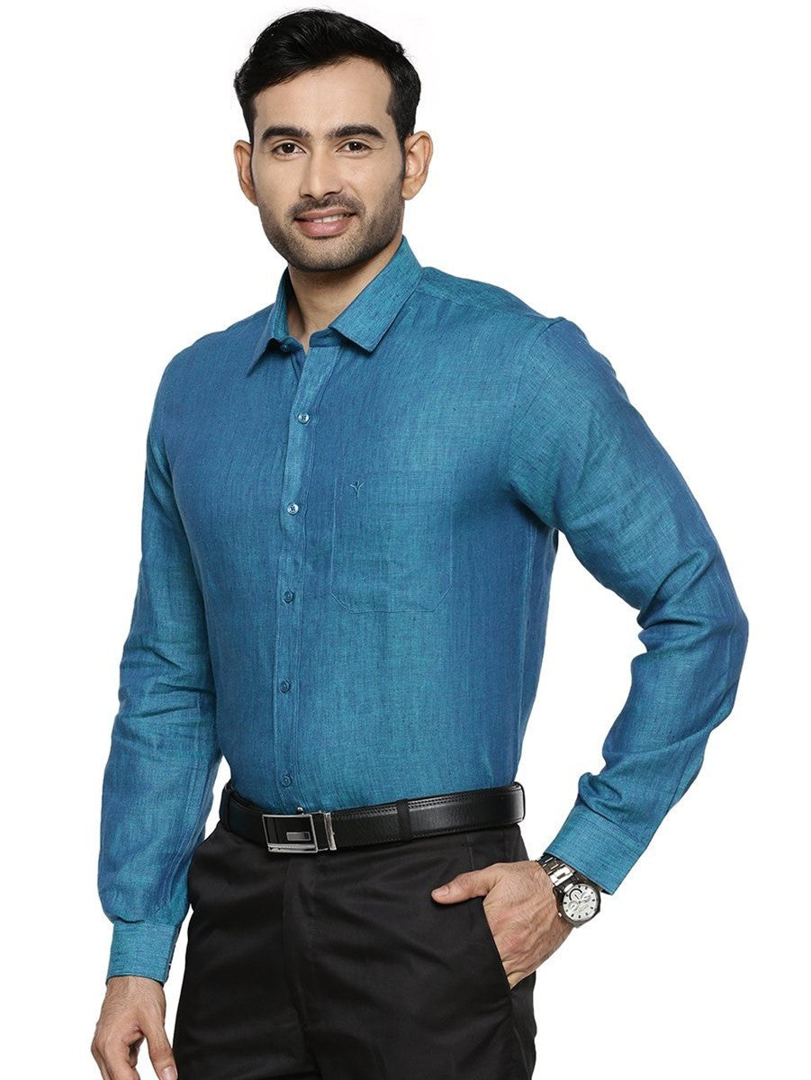 Mens Pure Linen Full Sleeves Shirt Blue-Side view