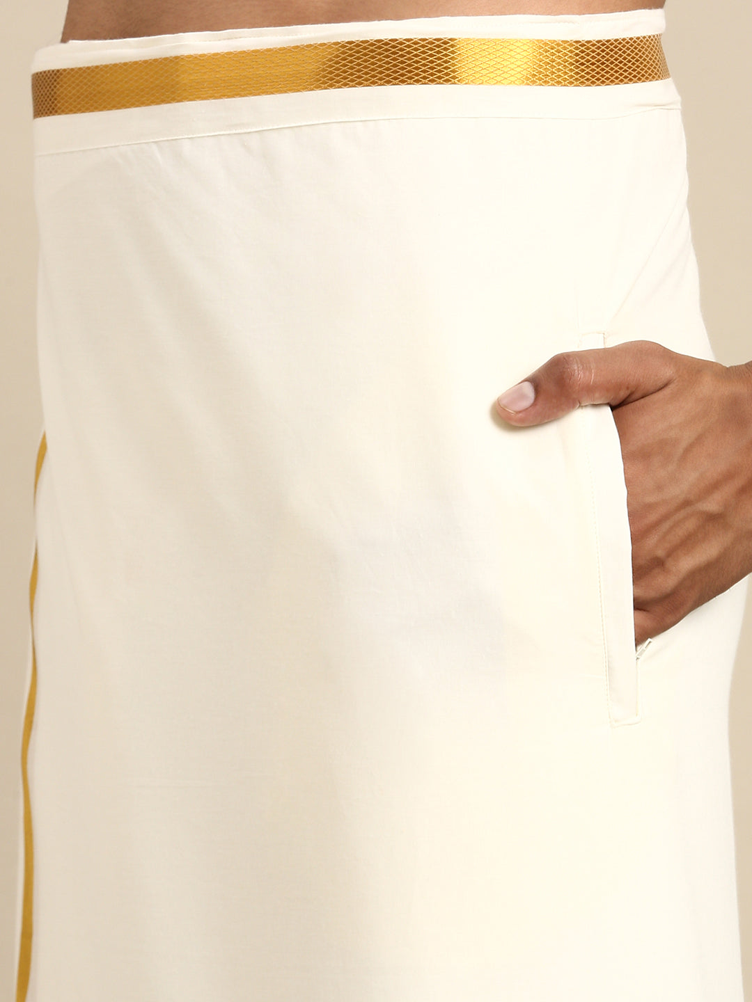 Mens Cream Full Sleeves Shirt 1" Gold Jari Adjustable Double Dhoti+Towel Combo-Pocket view