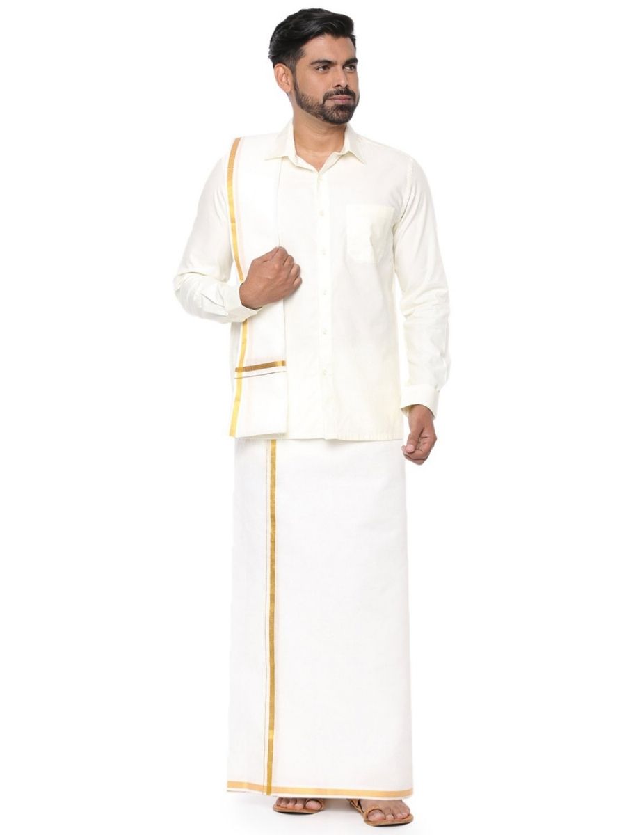 Mens Cream Double Dhoti with Gold Jari 1/2" Dhoti & Towel Set Nithyanjali-Full view