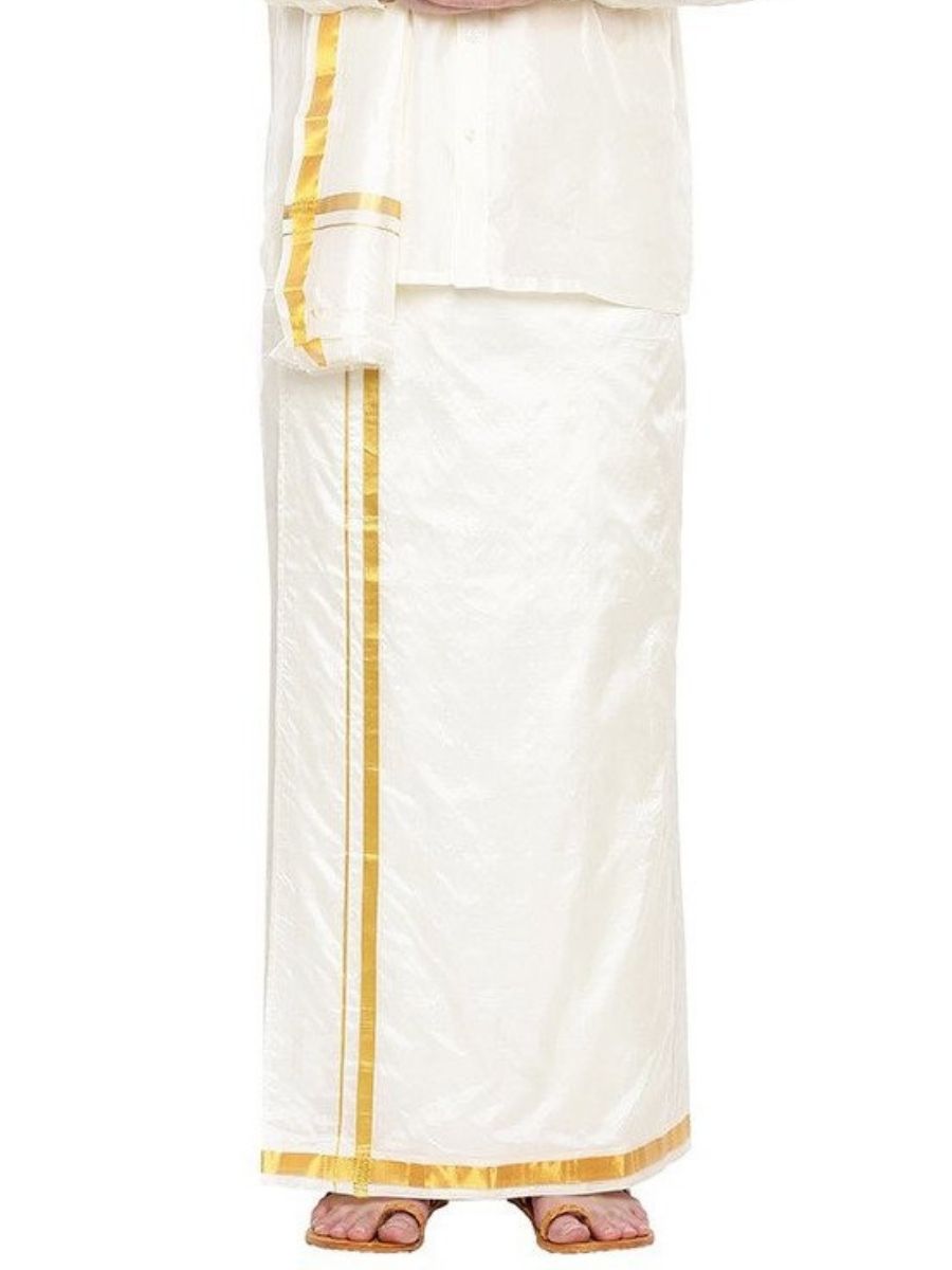 Mens Readymade Cream Dhoti +Towel Set with Gold Jari Silk Plus-Front view