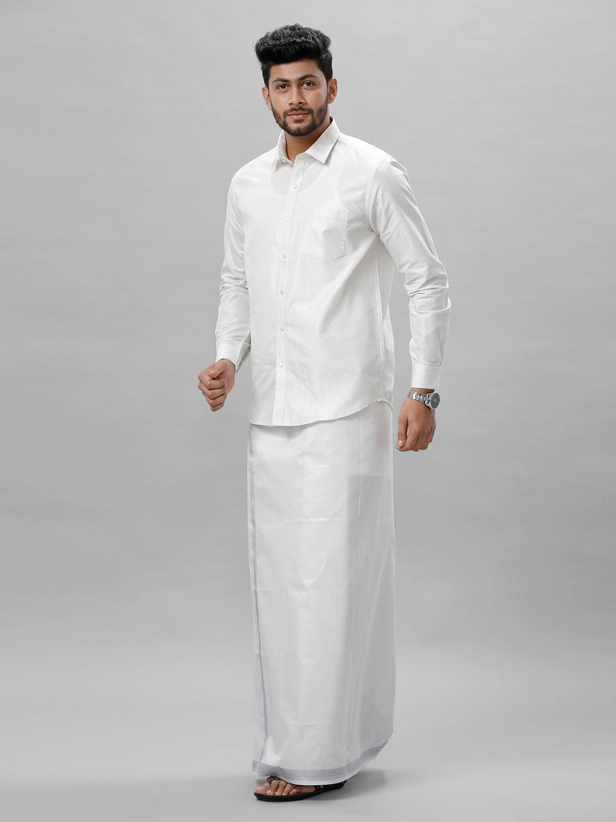 Mens Tissue Full Sleeve Shirt with 1" Jari Dhoti Set Sankalpam Silver-Side view