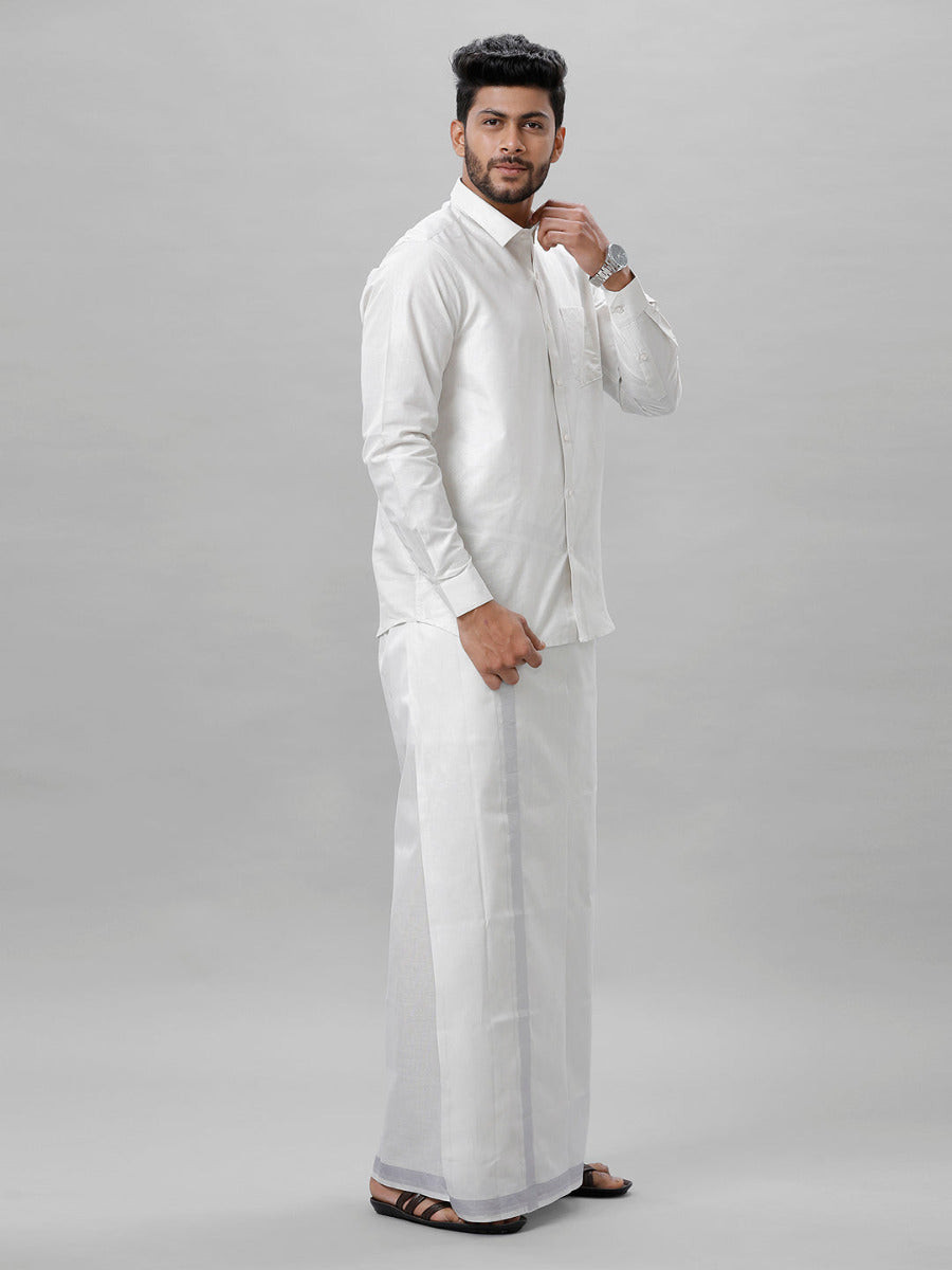 Mens Tissue Full Sleeve Shirt with 1" Jari Dhoti Set Sankalpam Silver-Side alternative view