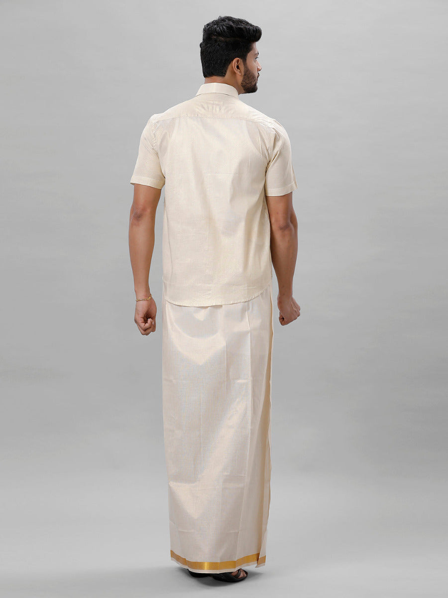 Mens Tissue Half Sleeve Shirt with 1" Jari Dhoti Set Sankalpam Gold-Back view