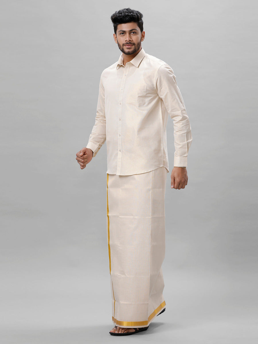 Mens Tissue Full Sleeve Shirt with 1" Jari Dhoti Set Sankalpam Gold-Side view