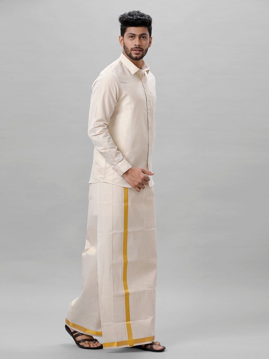 Mens Tissue Full Sleeve Shirt with 1" Jari Dhoti Set Sankalpam Gold-Side alternative view