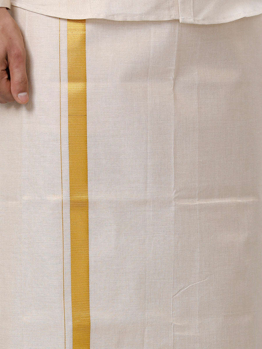 Mens Tissue Full Sleeve Shirt with 1" Jari Dhoti Set Sankalpam Gold-Bottom view