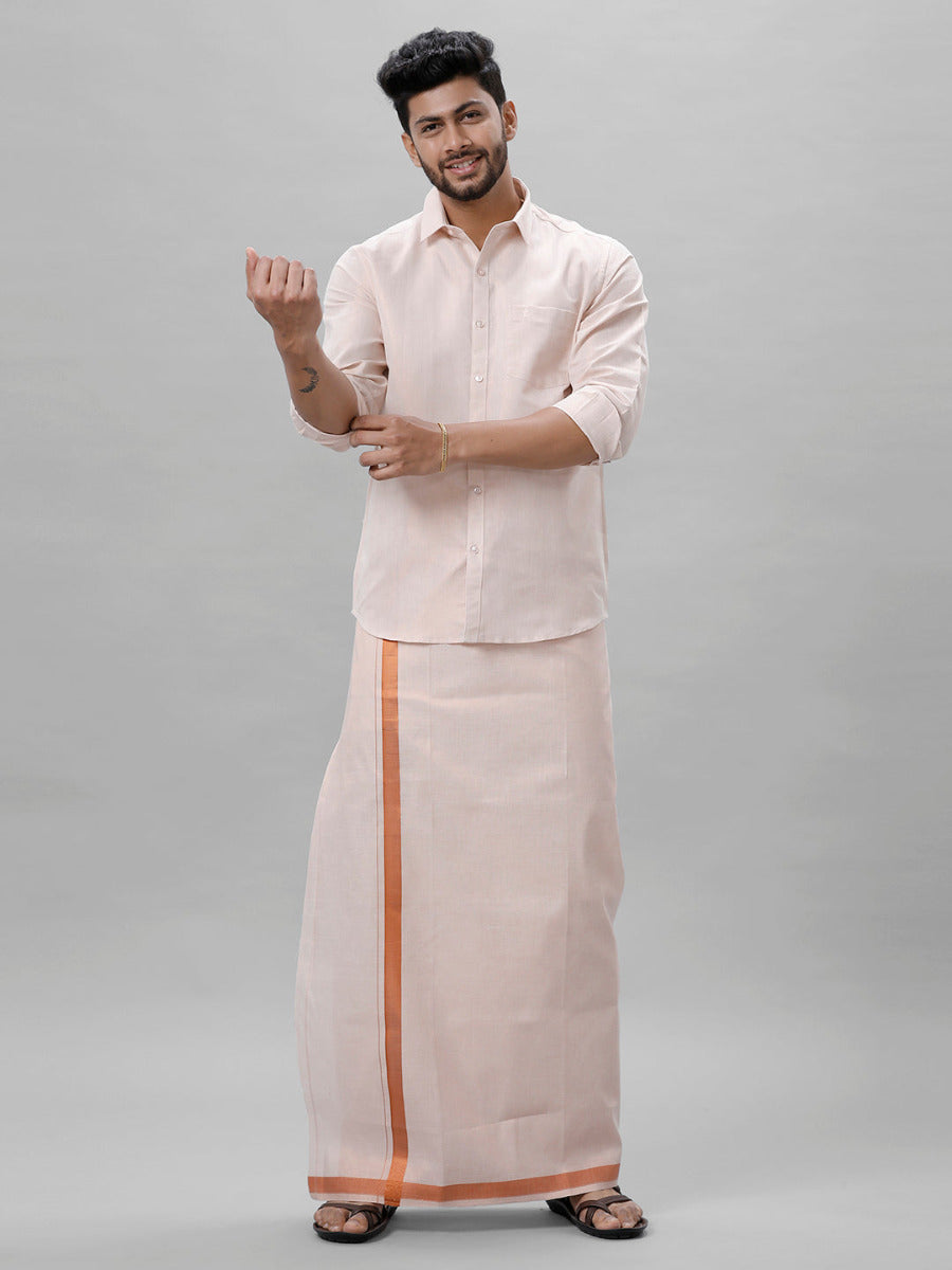 Mens Tissue Full Sleeve Shirt with 1" Jari Dhoti Set Sankalpam Copper-Front view