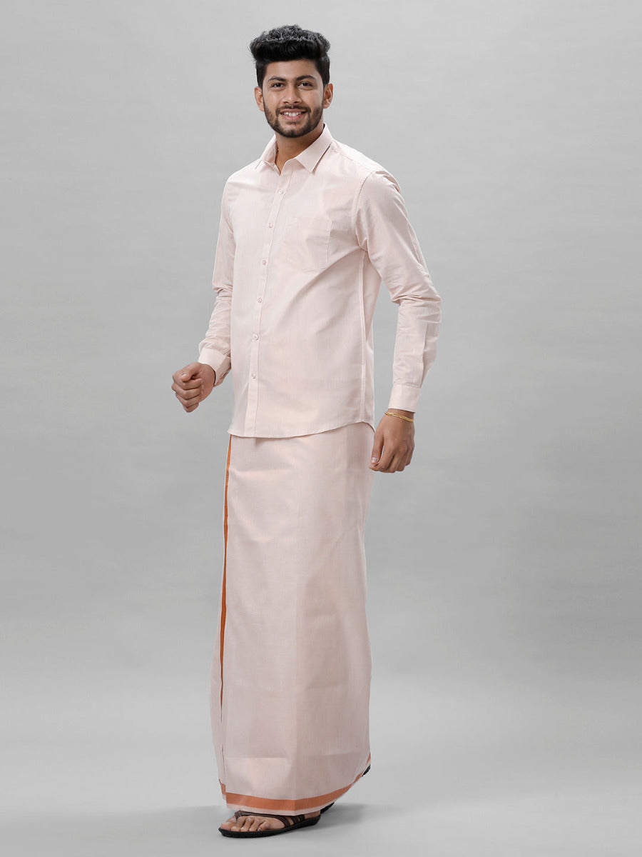 Mens Tissue Full Sleeve Shirt with 1" Jari Dhoti Set Sankalpam Copper-Side view