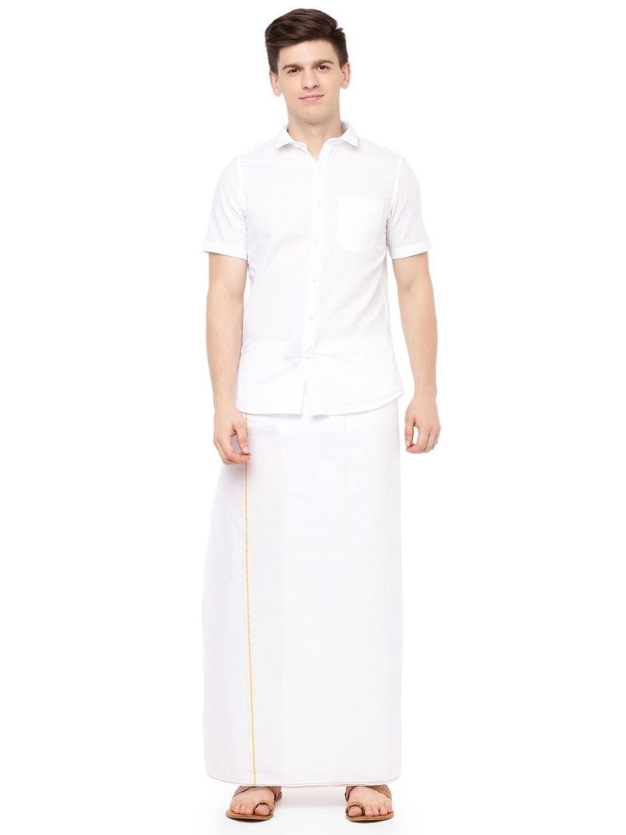 Mens Cotton White Half Sleeves Shirt with Small Border Dhoti Combo