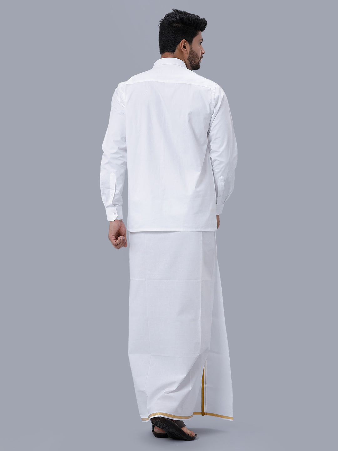 Mens Wrinkle Free White Full Sleeves Shirt with 1/2'' Gold Jari Double Dhoti Combo-Back view