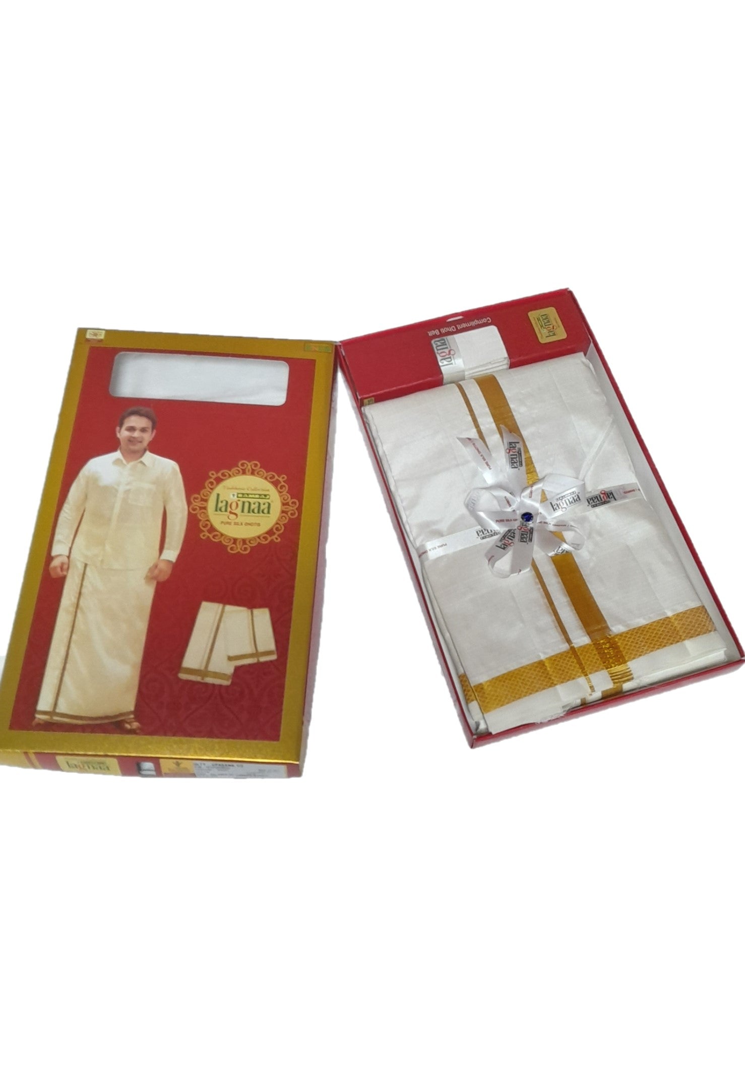 Mens Pure Silk 30K Cream Double Dhoti with 3/4" Gold Jari Border Thirukalyan-Ad vert