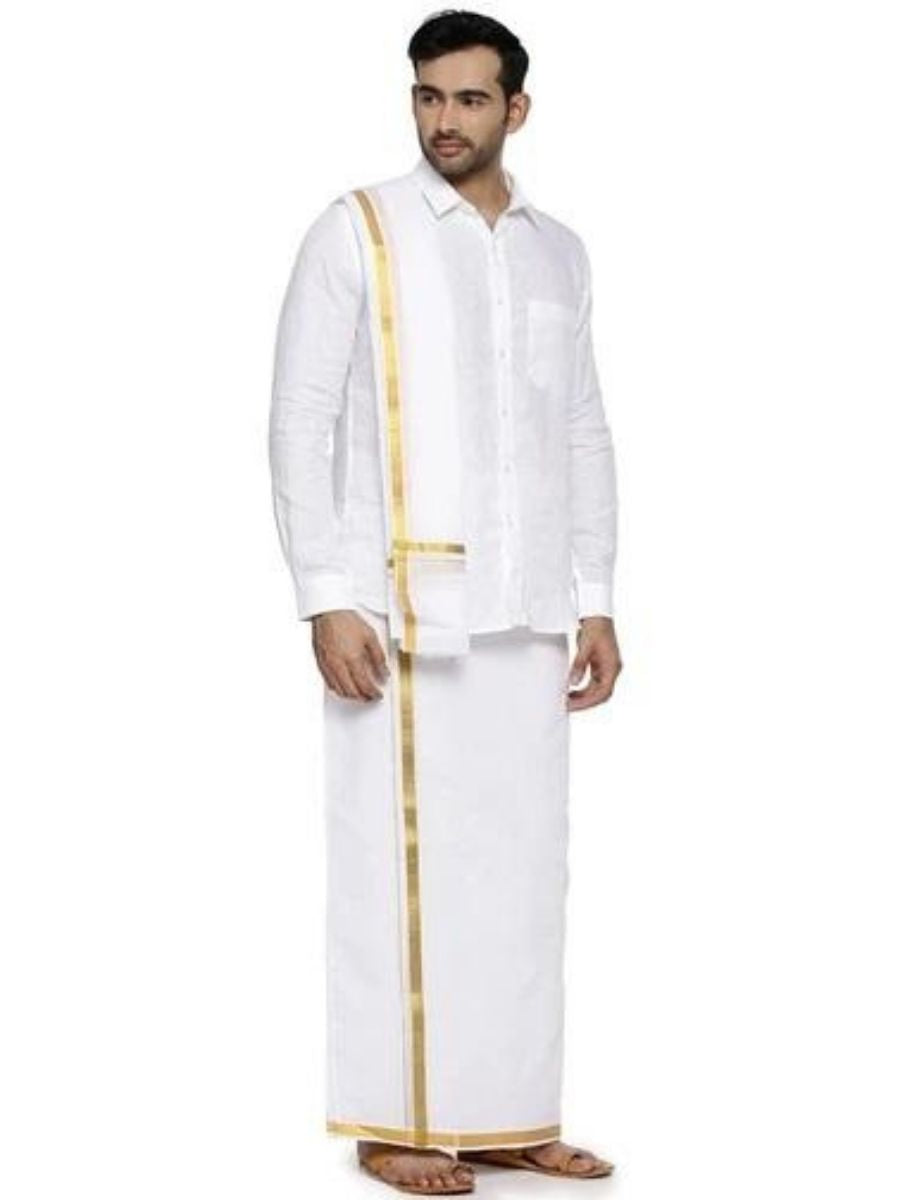 Mens Double Dhoti & Towel Set White Kalasadan-Front view
