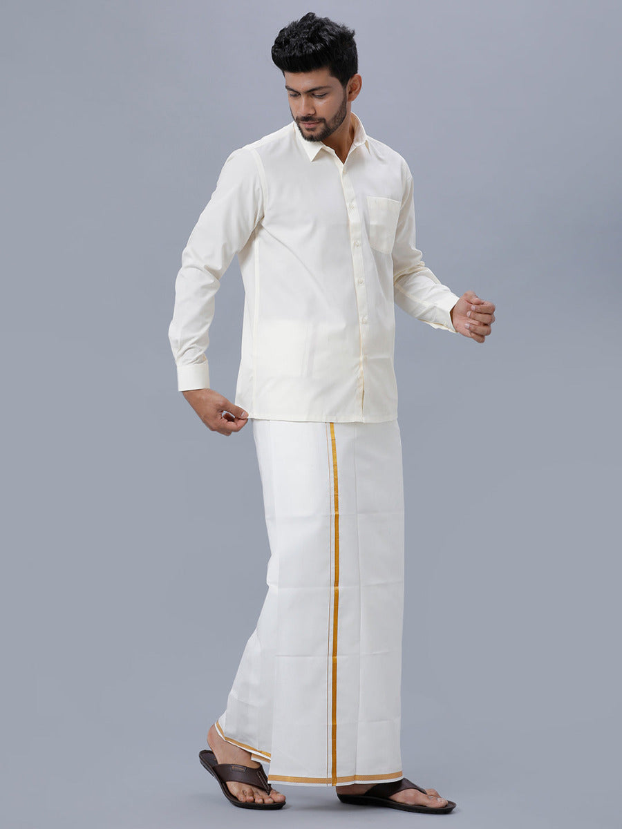 Mens Cream Single 1/2 " Gold Jari Dhoti with Cotton Full Sleeves Shirt Combo-Side view