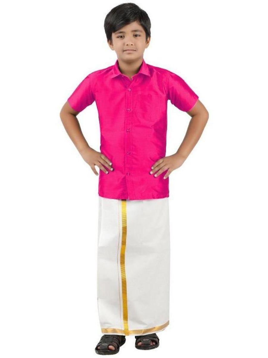 Boys Silk Cotton Shirt with Dhoti Set Magenta -  Ramraj Cotton-Full view