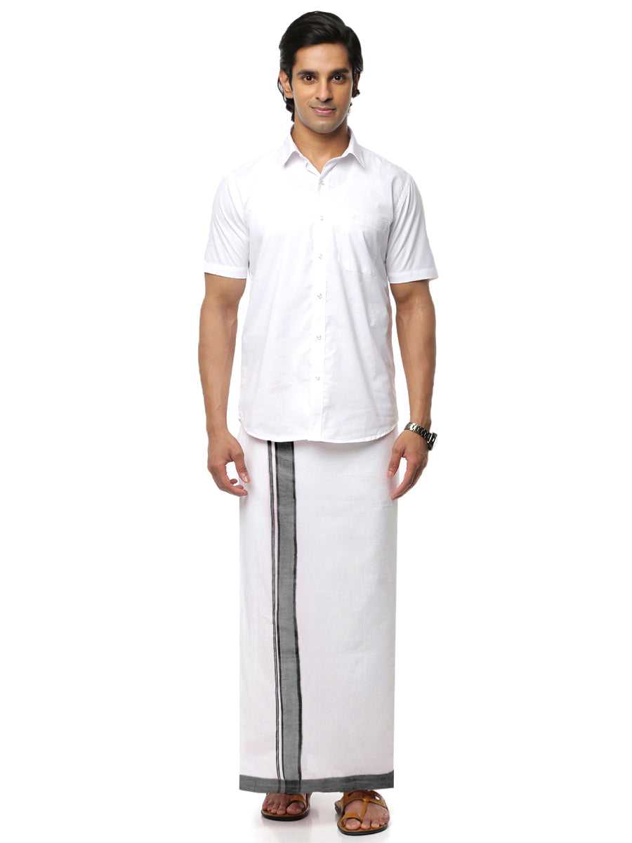 Mens Double Dhoti White with Fancy Border Rivan Black-Full view