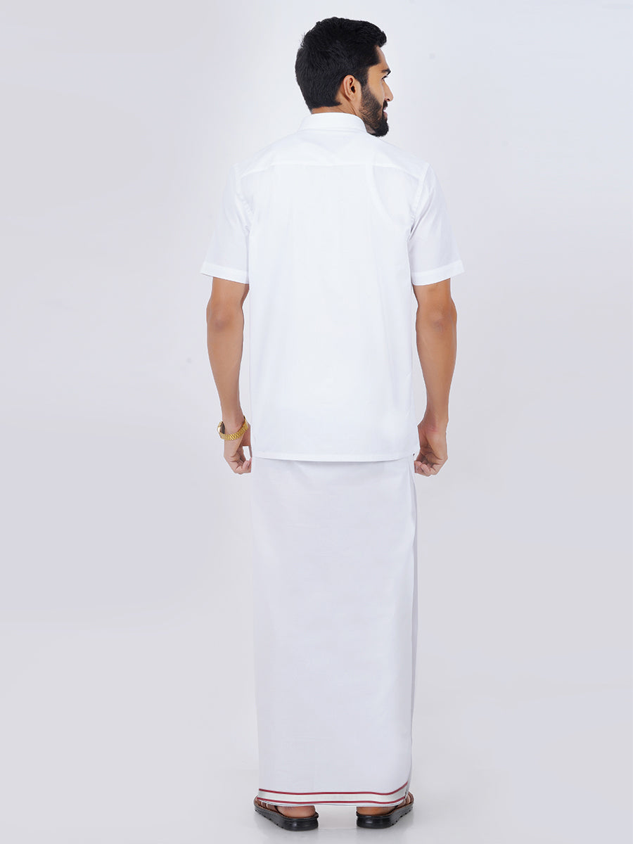 Mens Cotton White Half Sleeves Shirt with Jari Dhoti Combo-Back view