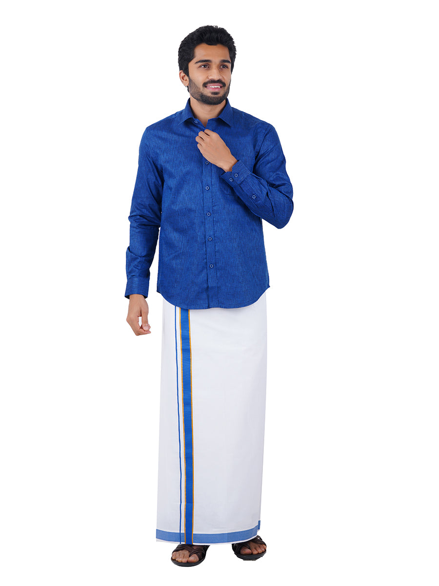 Mens Matching Border Dhoti & Shirt Set Full Blue C80