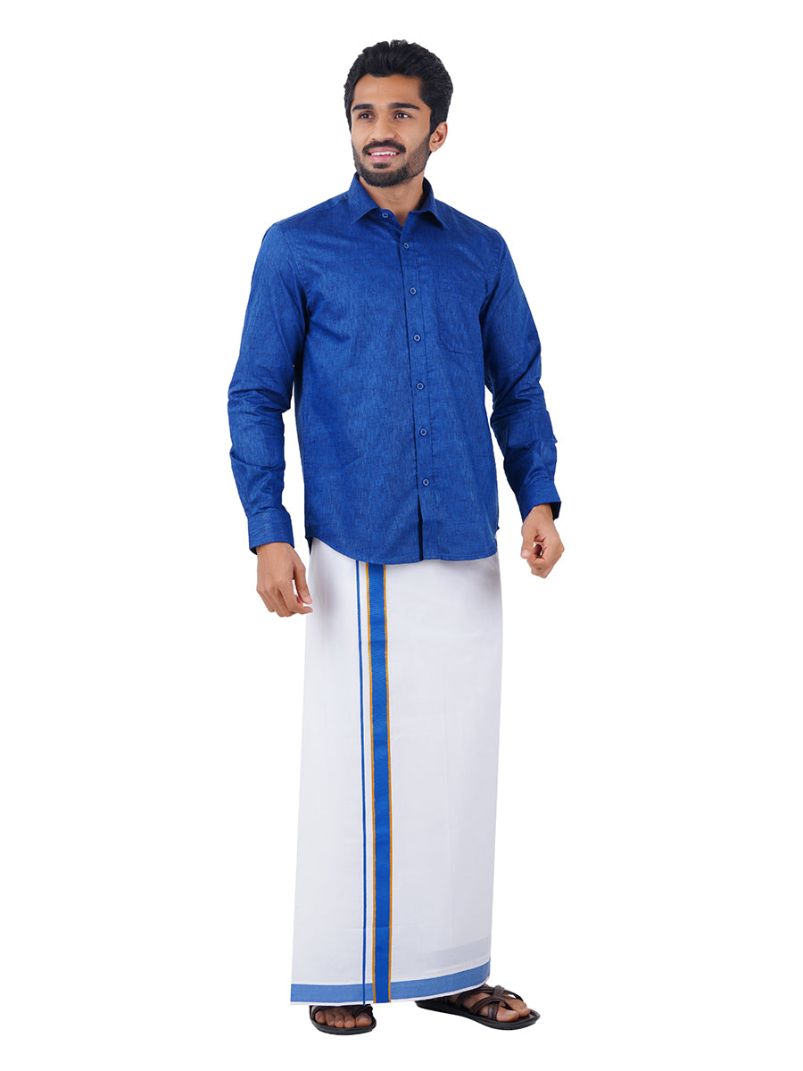 Mens Matching Border Dhoti & Shirt Set Full Blue C80-Front view