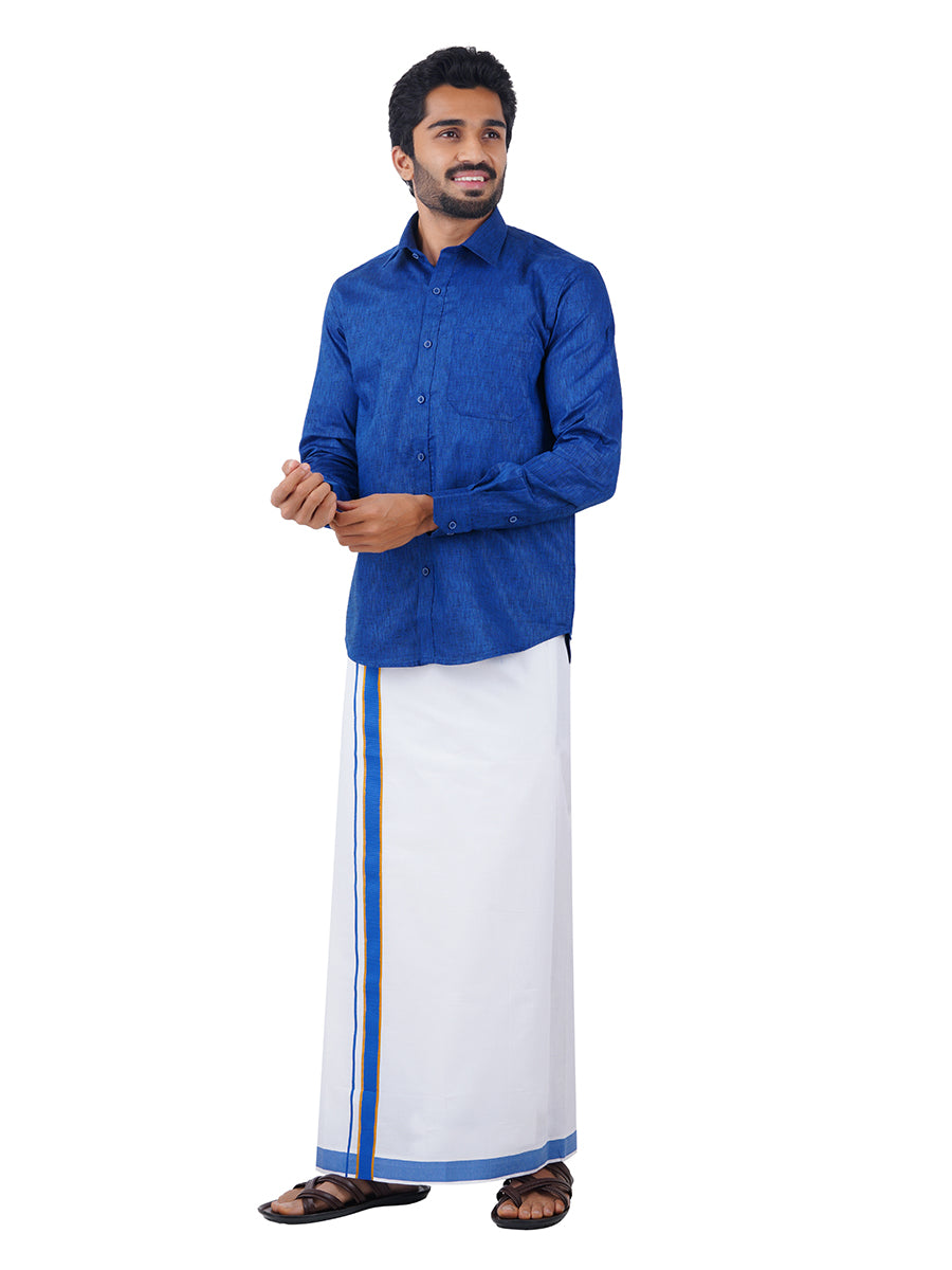 Mens Matching Border Dhoti & Shirt Set Full Blue C80-Full view