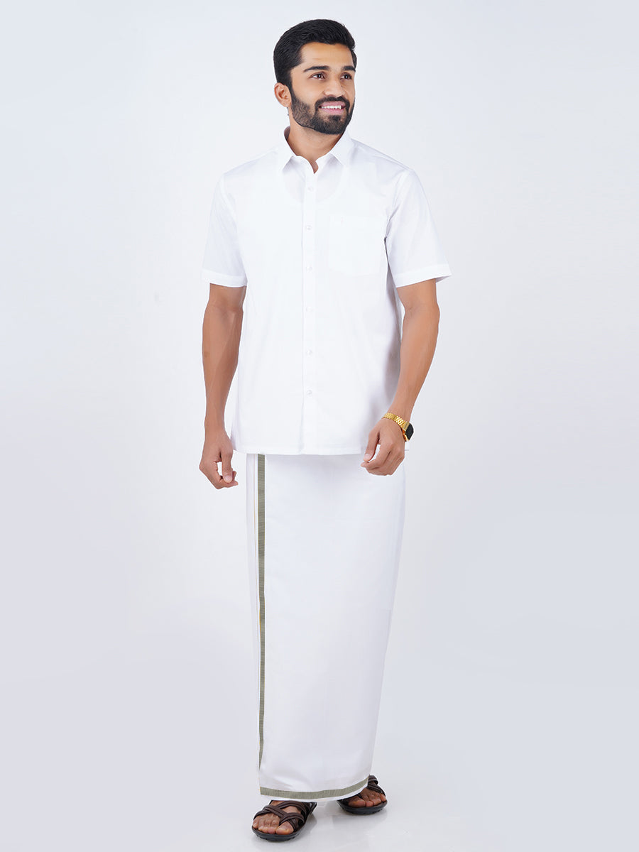 Mens White Dhoti with Silver Jari Border 3/4" Silvertone-Full view