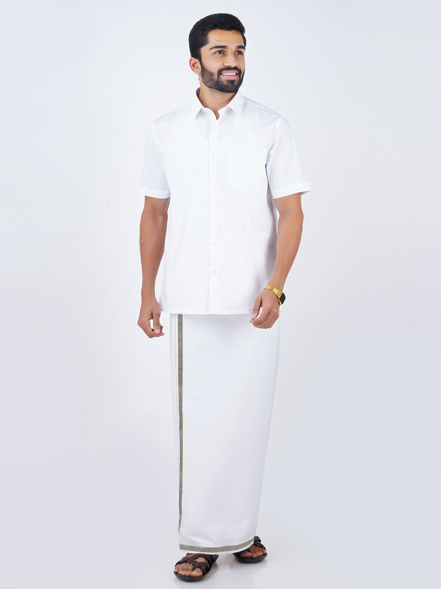 Mens Cotton White Shirt Bit with 3/4" Silver Jari Dhoti Combo Oscar