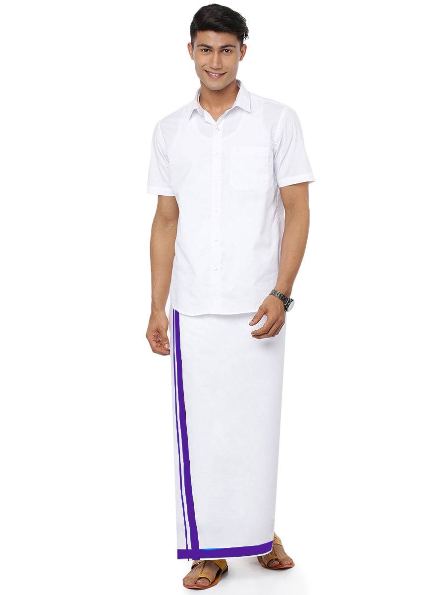 Mens Double Dhoti White with Fancy Border Redfort Special Violet-Full view