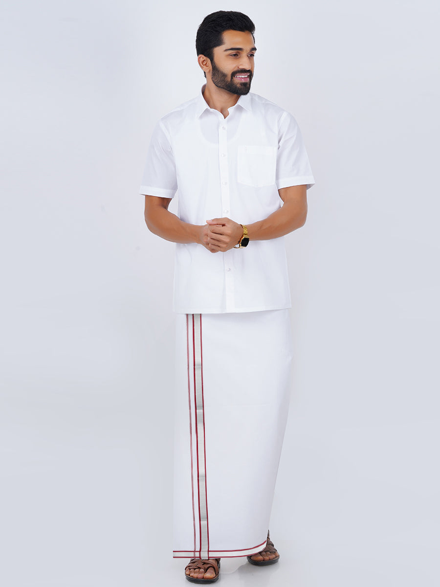 Mens Cotton White Half Sleeves Shirt with Jari Dhoti Combo