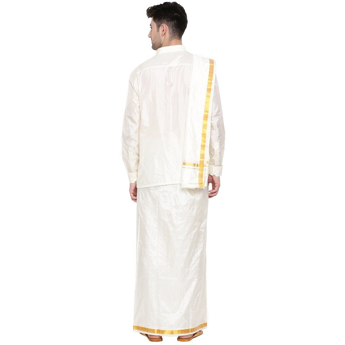 Mens Readymade Cream Dhoti +Towel Set with Gold Jari Silk Plus-Back view