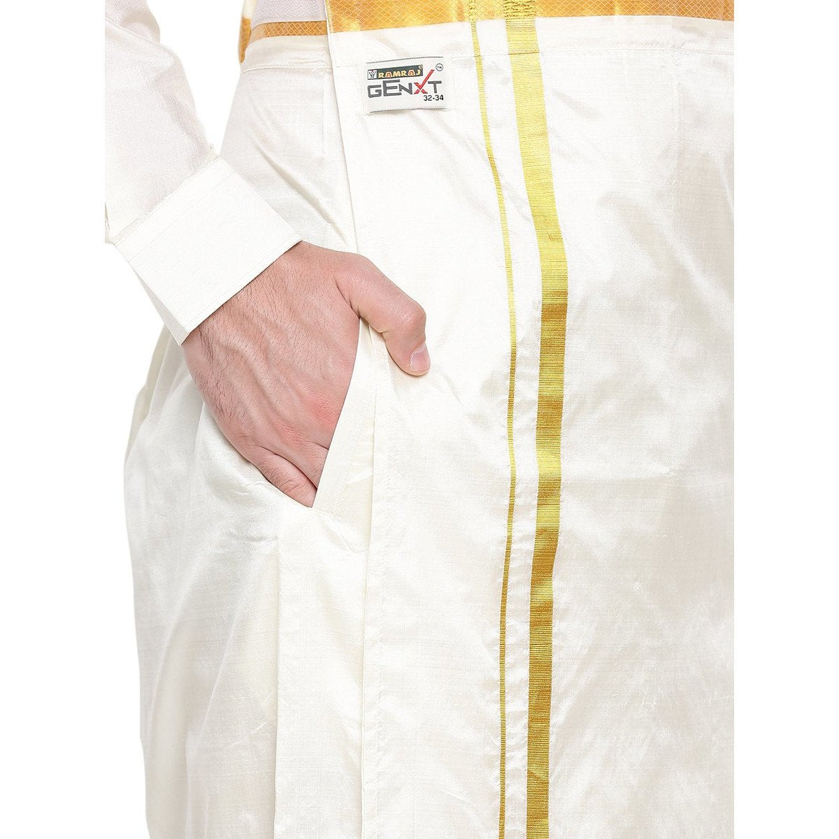 Mens Readymade Cream Dhoti +Towel Set with Gold Jari Silk Plus-Pocket view