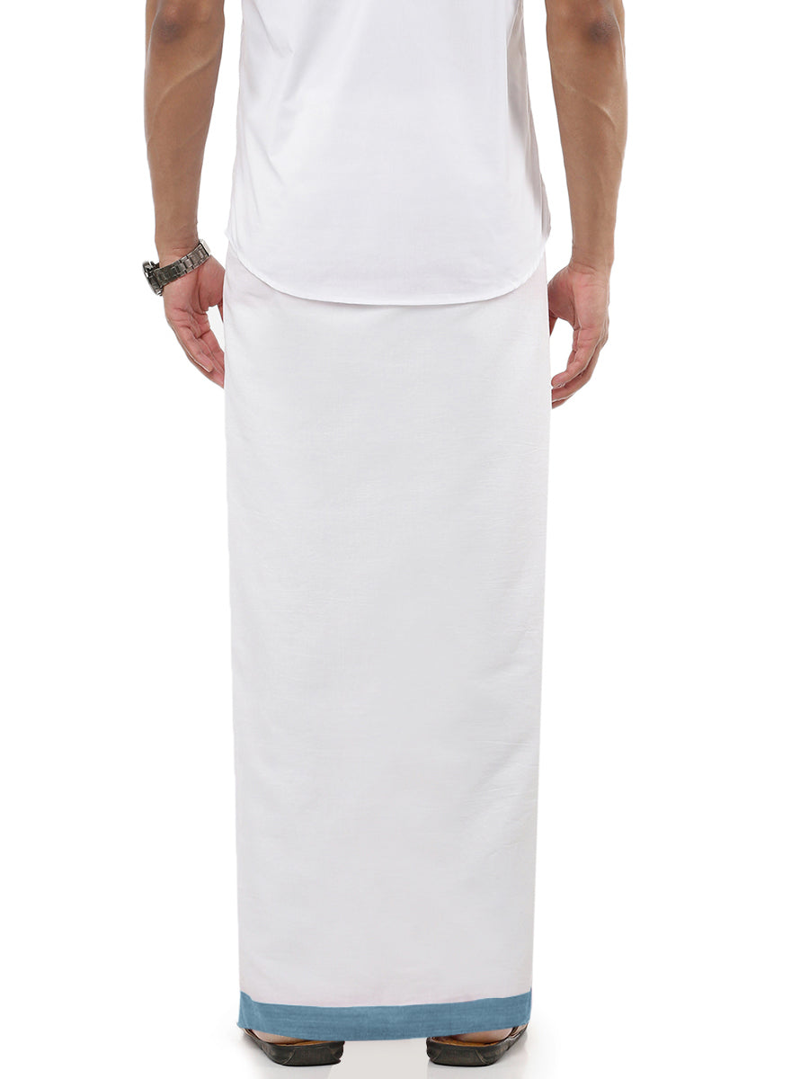 Mens Double Dhoti White with Fancy Border Rivan Blue-Back view