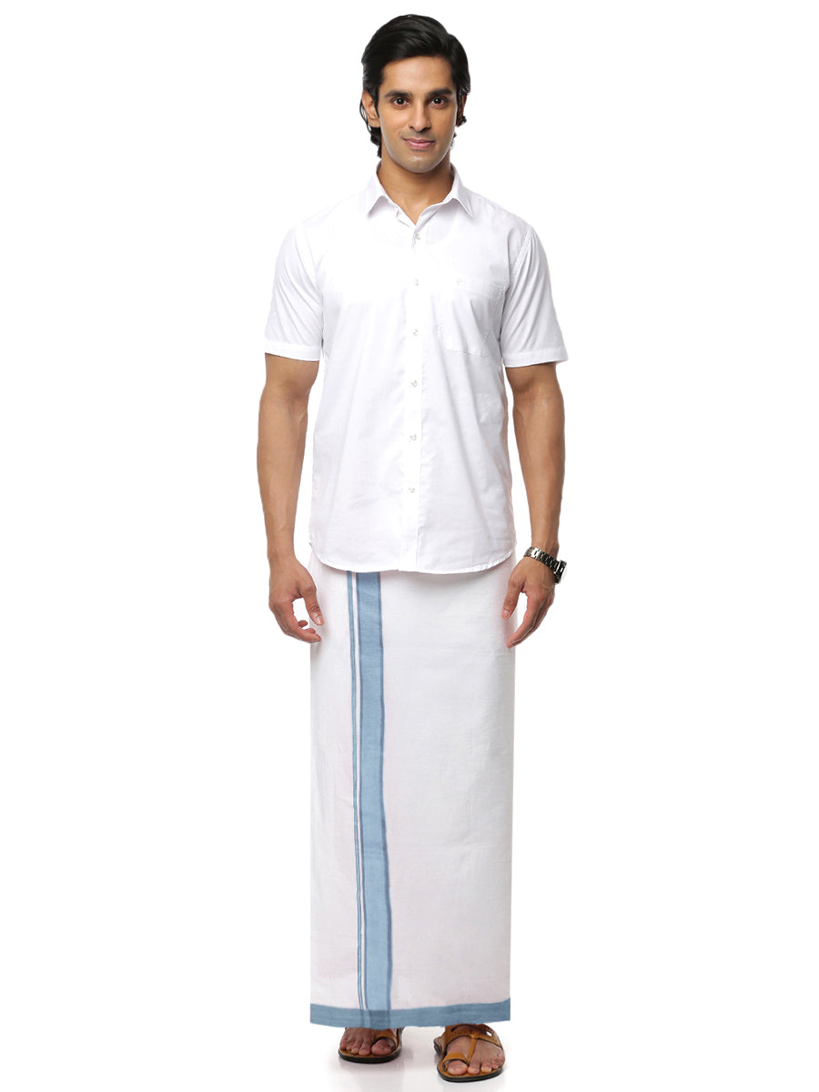 Mens Double Dhoti White with Fancy Border Rivan Blue-Full view