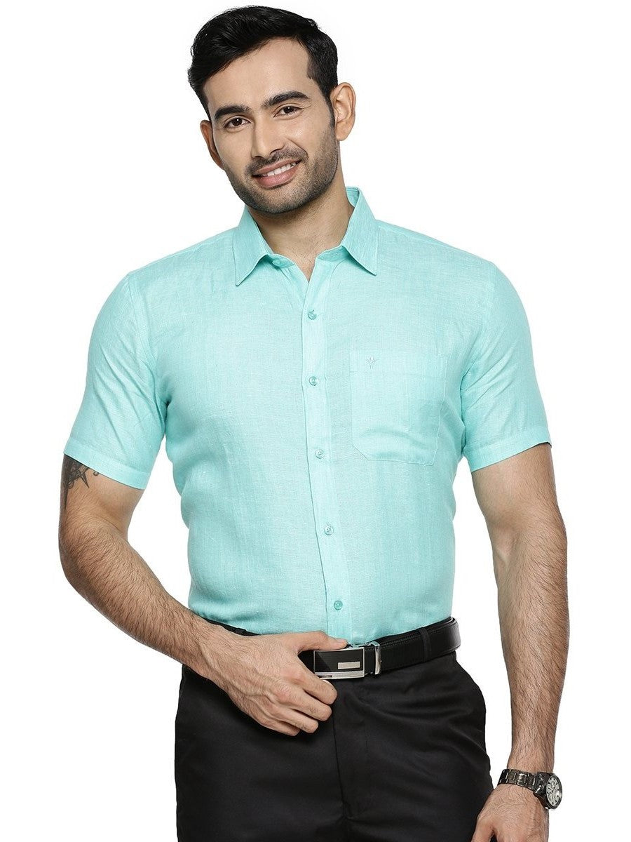 Mens Pure Linen Half Sleeves Shirt Light Blue