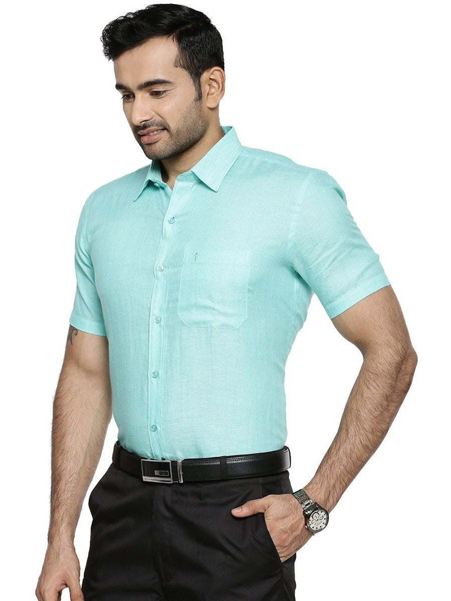 Mens Pure Linen Half Sleeves Shirt Light Blue-Side view