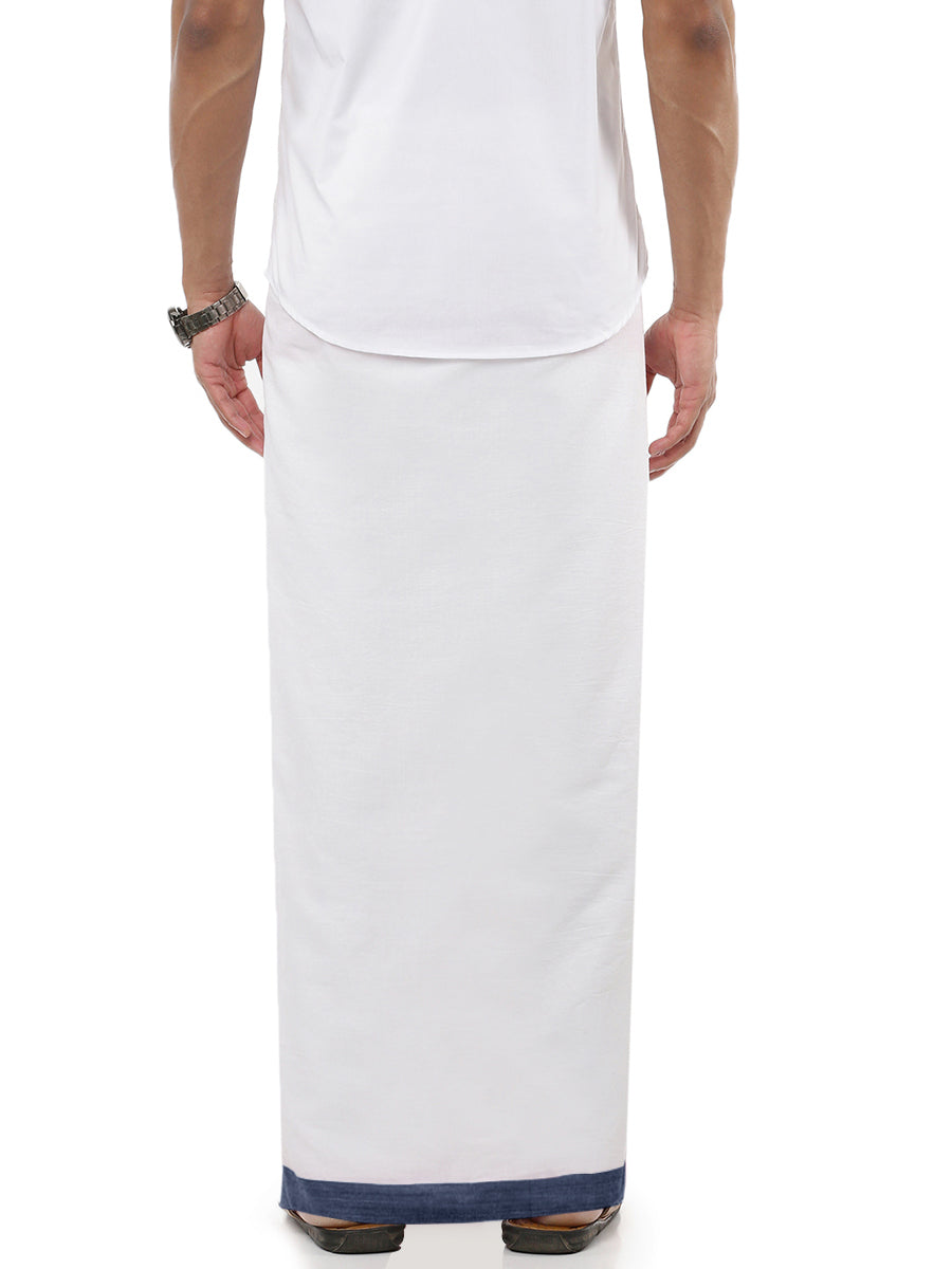 Mens Double Dhoti White with Fancy Border Rivan Navy-Back view