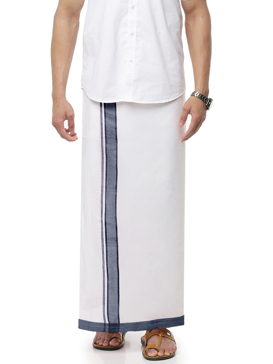 Mens Double Dhoti White with Fancy Border Rivan Navy