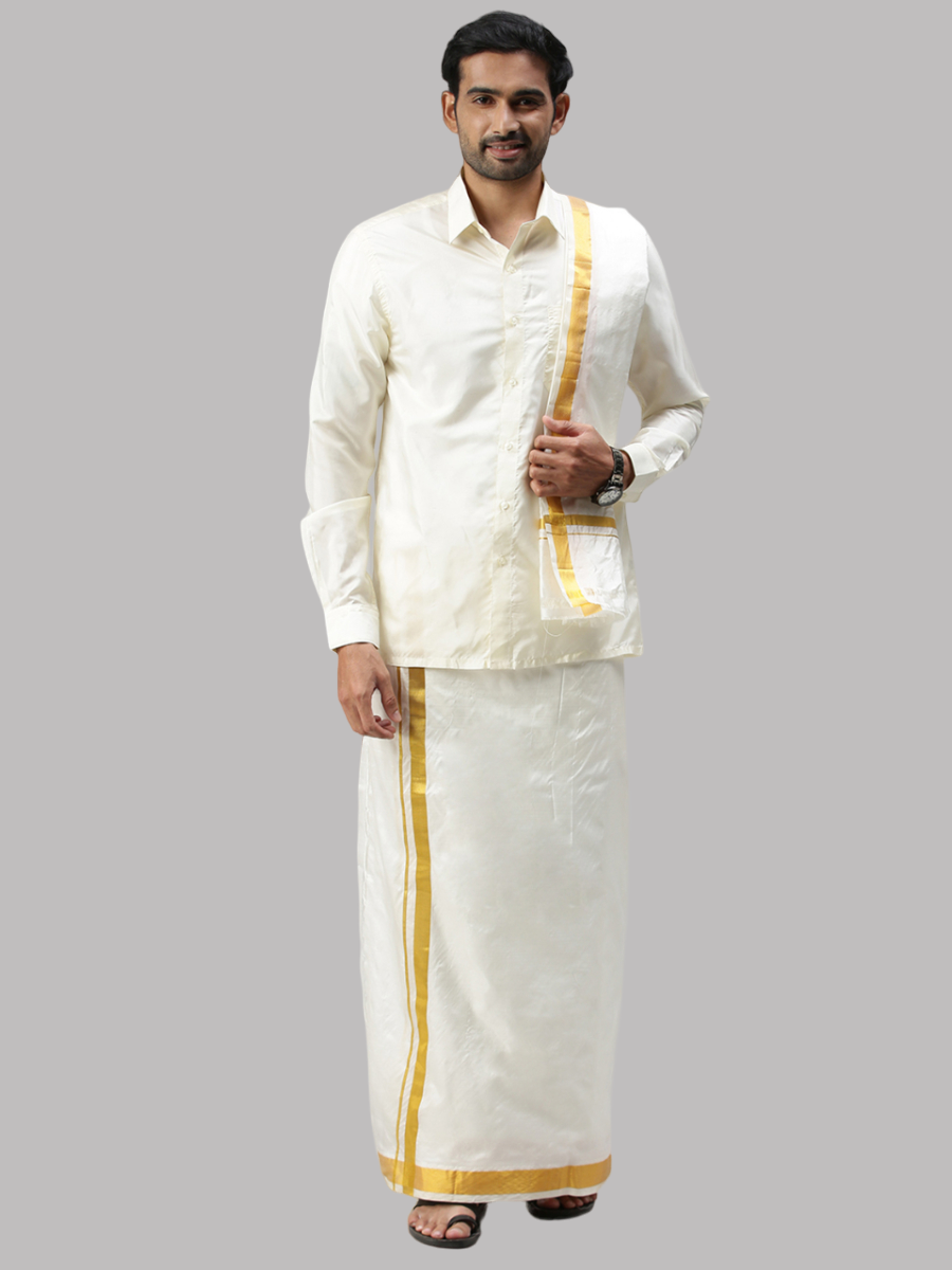 Mens Cream Art Silk Full Sleeves Shirt, Double Dhoti with Towel Combo