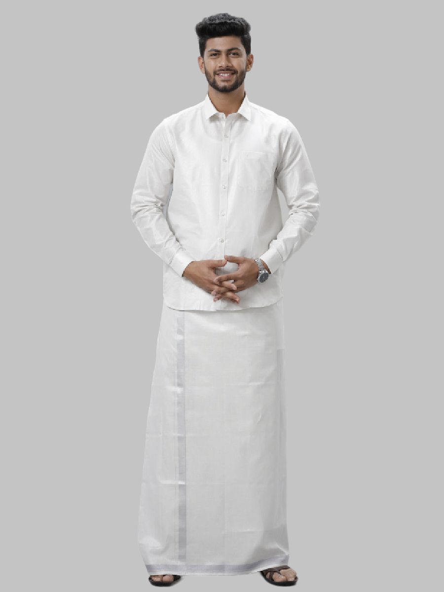 Mens Tissue Unstitched Shirt & Dhoti Celebrity Set Silver-Full view