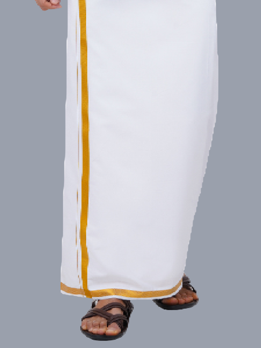 Mens 100% Cotton White Full Sleeves Shirt with 3/4'' Gold Jari Single Dhoti Combo-Bottom view