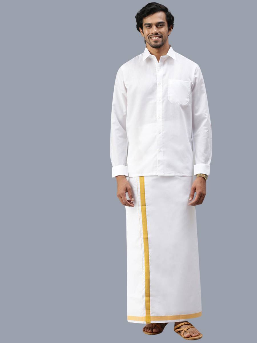 Mens Wrinkle Free White Full Sleeves Shirt with 1'' Gold Jari Double Dhoti Combo