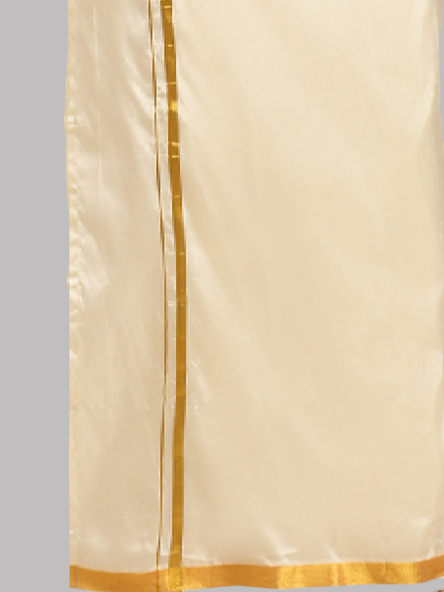 Mens Cream Art Silk Full Sleeves Shirt, Readymade Double Dhoti & Towel Combo-Bottom view