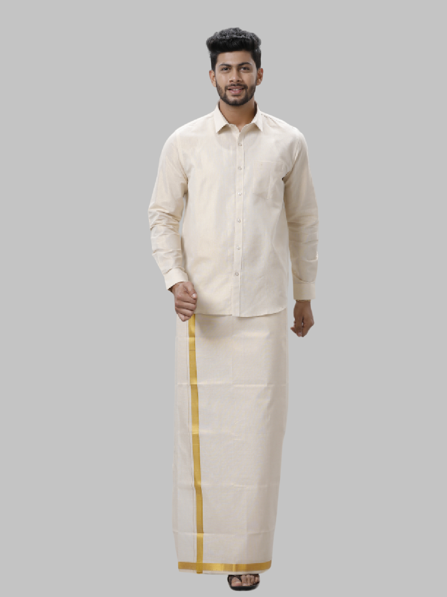 Mens Tissue Unstitched Shirt & Dhoti Celebrity Set Gold-Front view