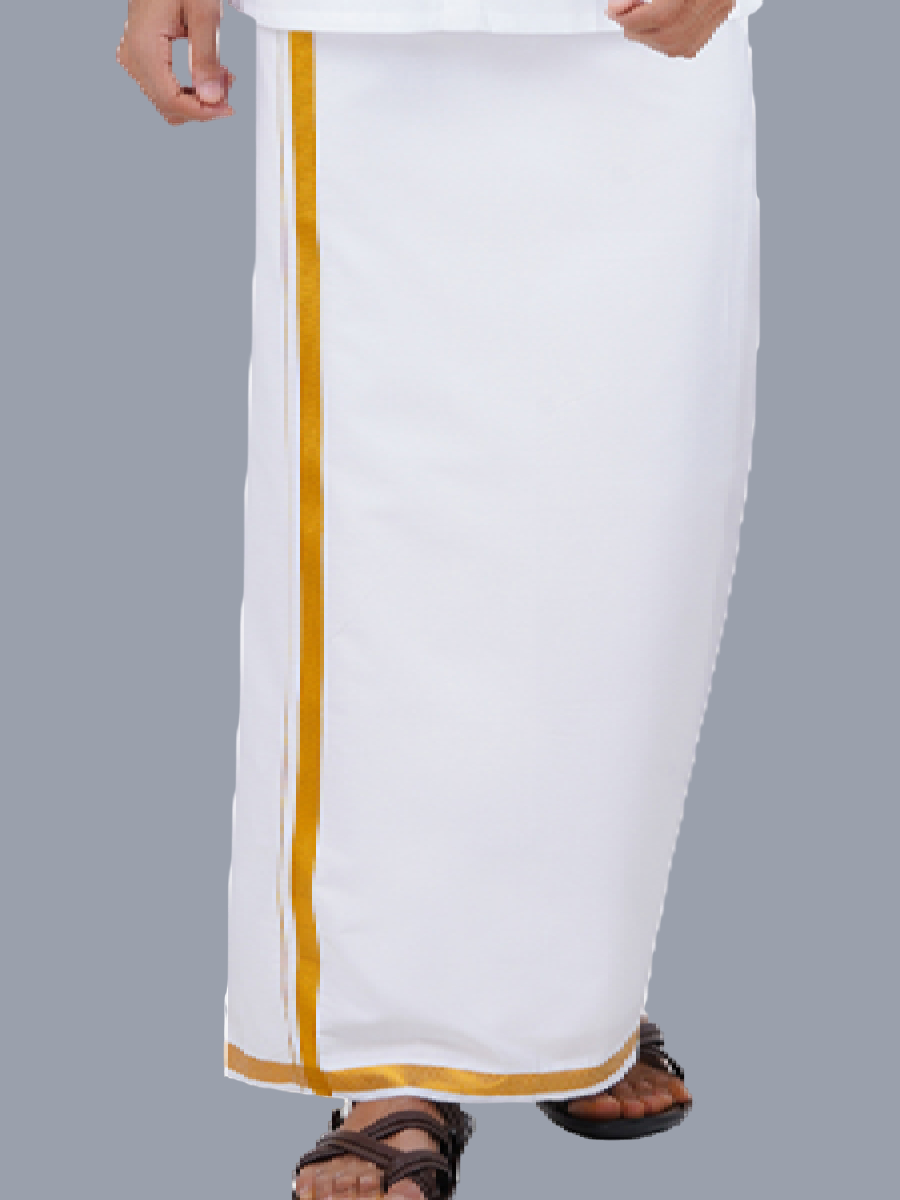 Mens 100% Cotton White Full Sleeves Shirt with 3/4'' Gold Jari Double Dhoti Combo-Bottom view