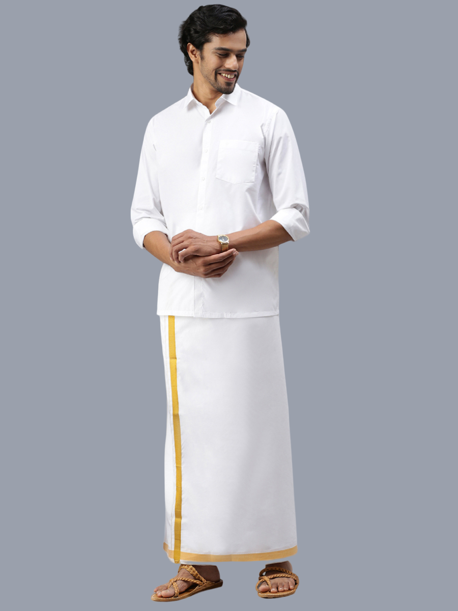 Mens 100% Cotton White Full Sleeves Shirt with 3/4'' Gold Jari Double Dhoti Combo