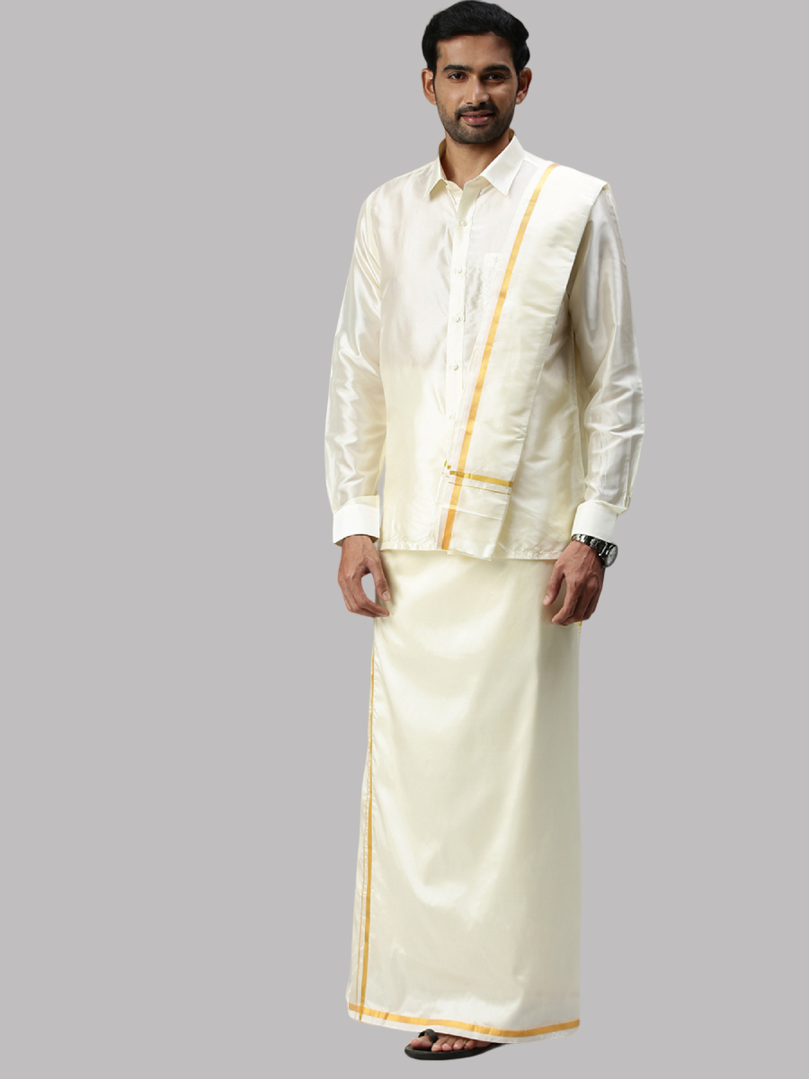 Mens Cream Art Silk Full Sleeves Shirt, Double Dhoti+Towel with Belt Combo