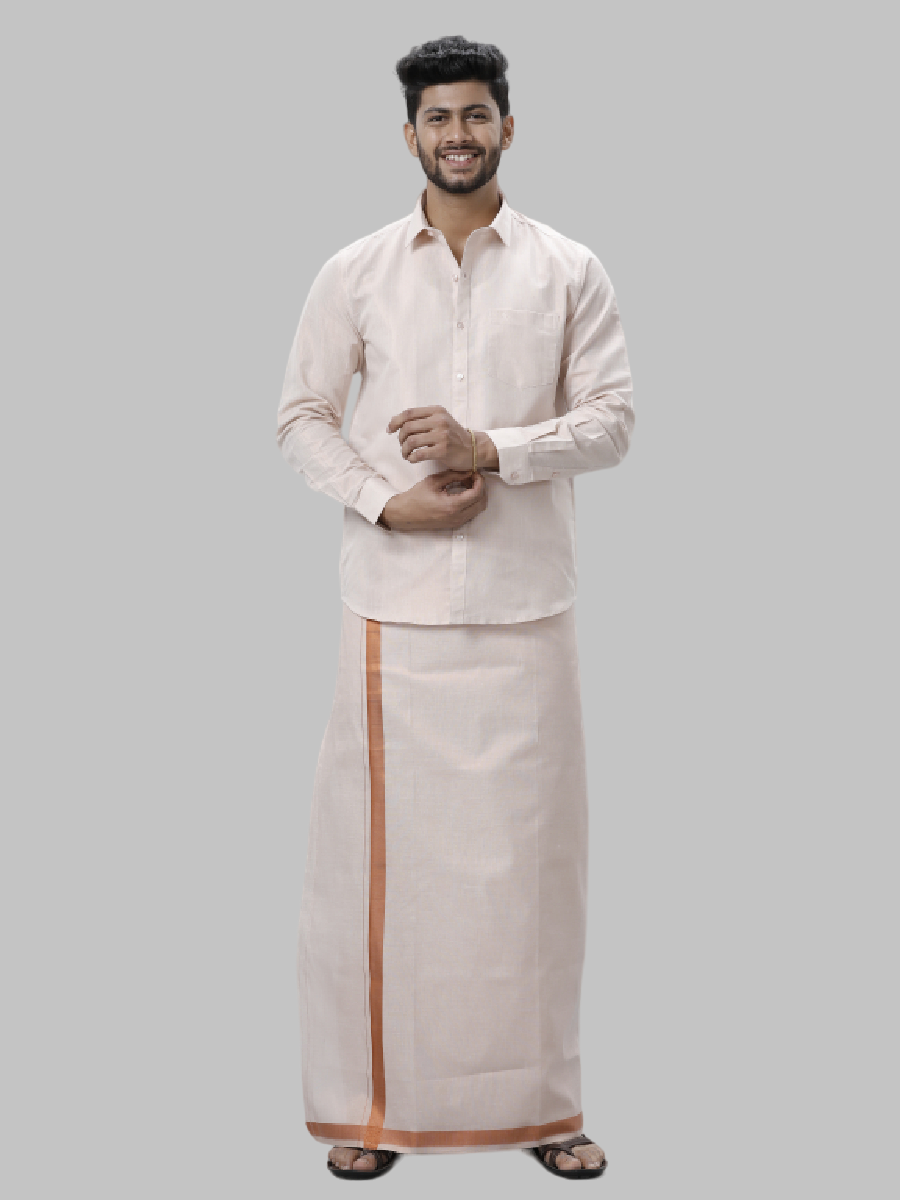 Mens Tissue Unstitched Shirt & Dhoti Celebrity Set Copper-Front view
