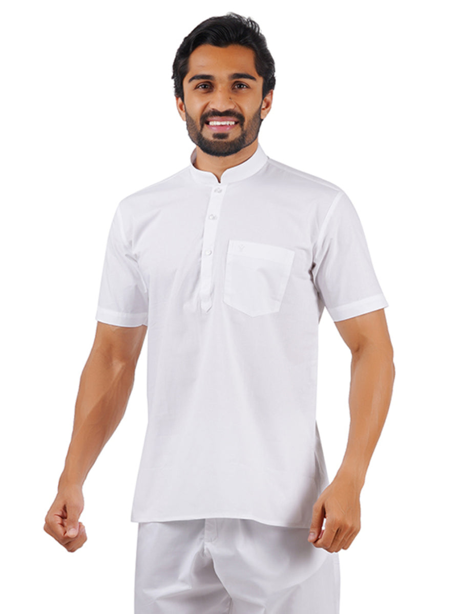 Mens Cotton Half Sleeves Short Length White Kurta-Front view