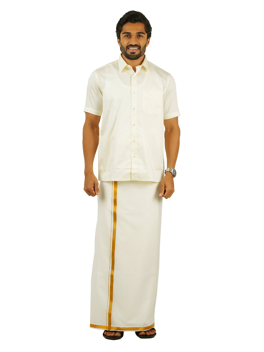 Mens Double Dhoti with Towel Cream with Gold Jari 3/4" Nithyanjali-Full view