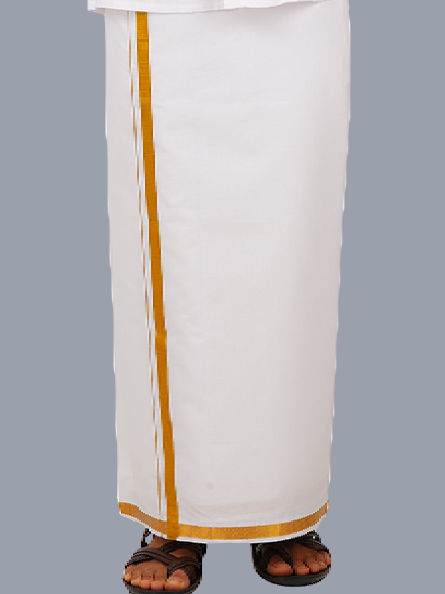 Mens Cotton Linen White Full Sleeves Shirt with 3/4'' Gold Jari Double Dhoti Combo-Bottom view
